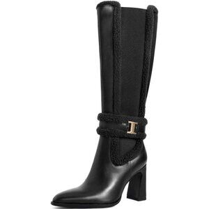 Women's Black Chunky Block High Heels Pointed Toe Winter Snow Knee High Boots